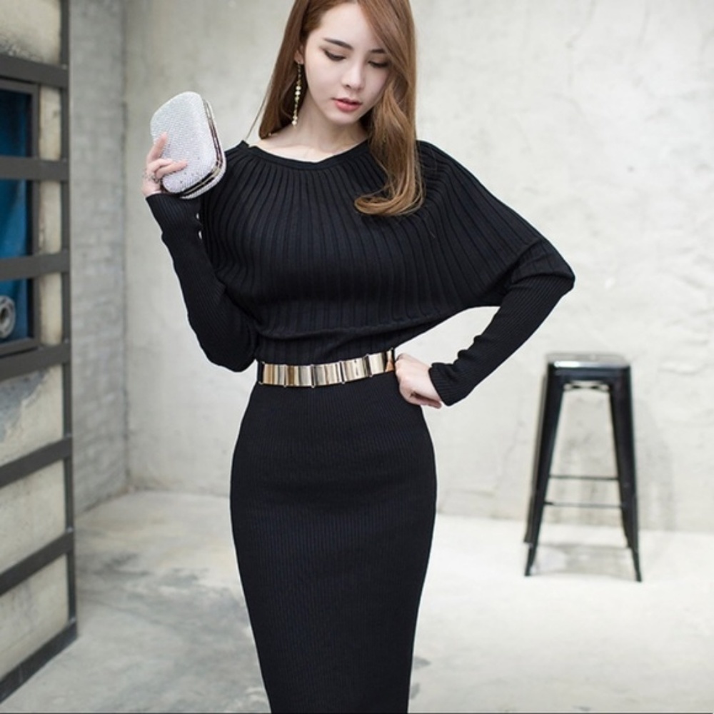 Restocked! Black Ribbed Belted Knit Sweater Dress